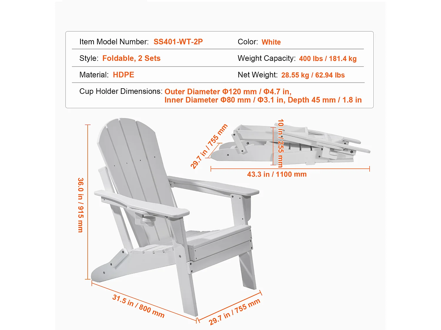 Ensemble de Chaise Adirondack SucceBuy, Lot de 2, Pliage en Plastique, Tout Temps, Foyer, Blanc
