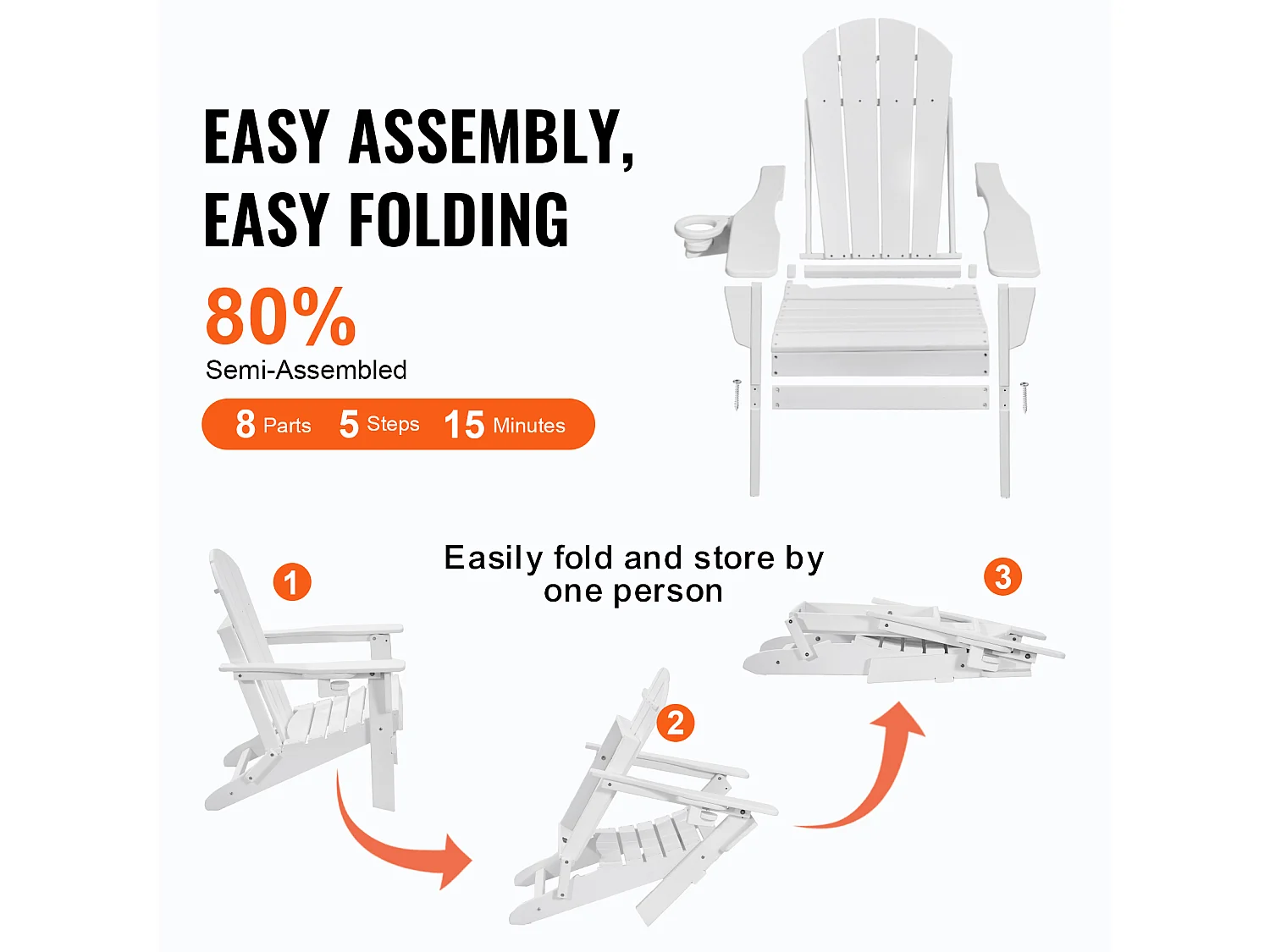 Ensemble de Chaise Adirondack SucceBuy, Lot de 2, Pliage en Plastique, Tout Temps, Foyer, Blanc