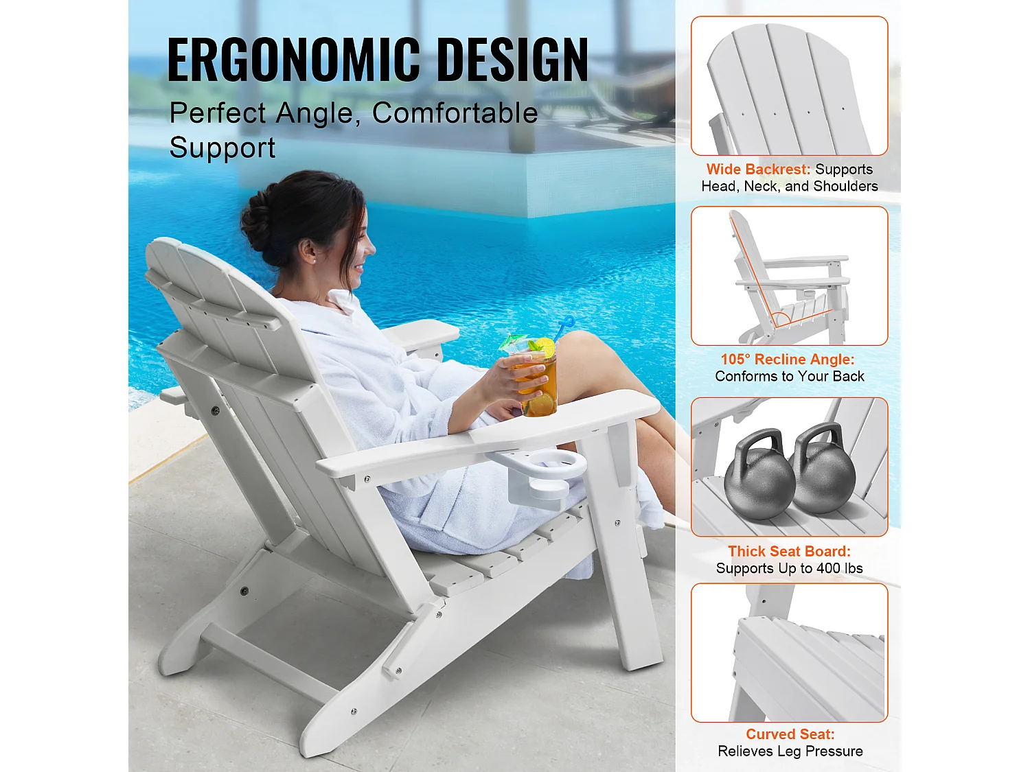 Ensemble de Chaise Adirondack SucceBuy, Lot de 2, Pliage en Plastique, Tout Temps, Foyer, Blanc