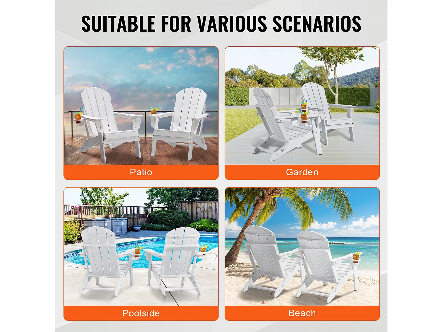 Ensemble de Chaise Adirondack SucceBuy, Lot de 2, Pliage en Plastique, Tout Temps, Foyer, Blanc