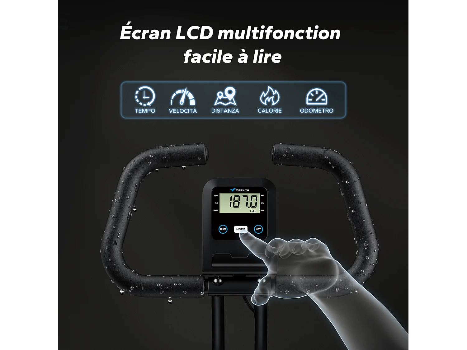 Cyclette magnetica pieghevole MERACH, 16 livelli, schermo LCD, supporto tablet, design compatto, altezza regolabile