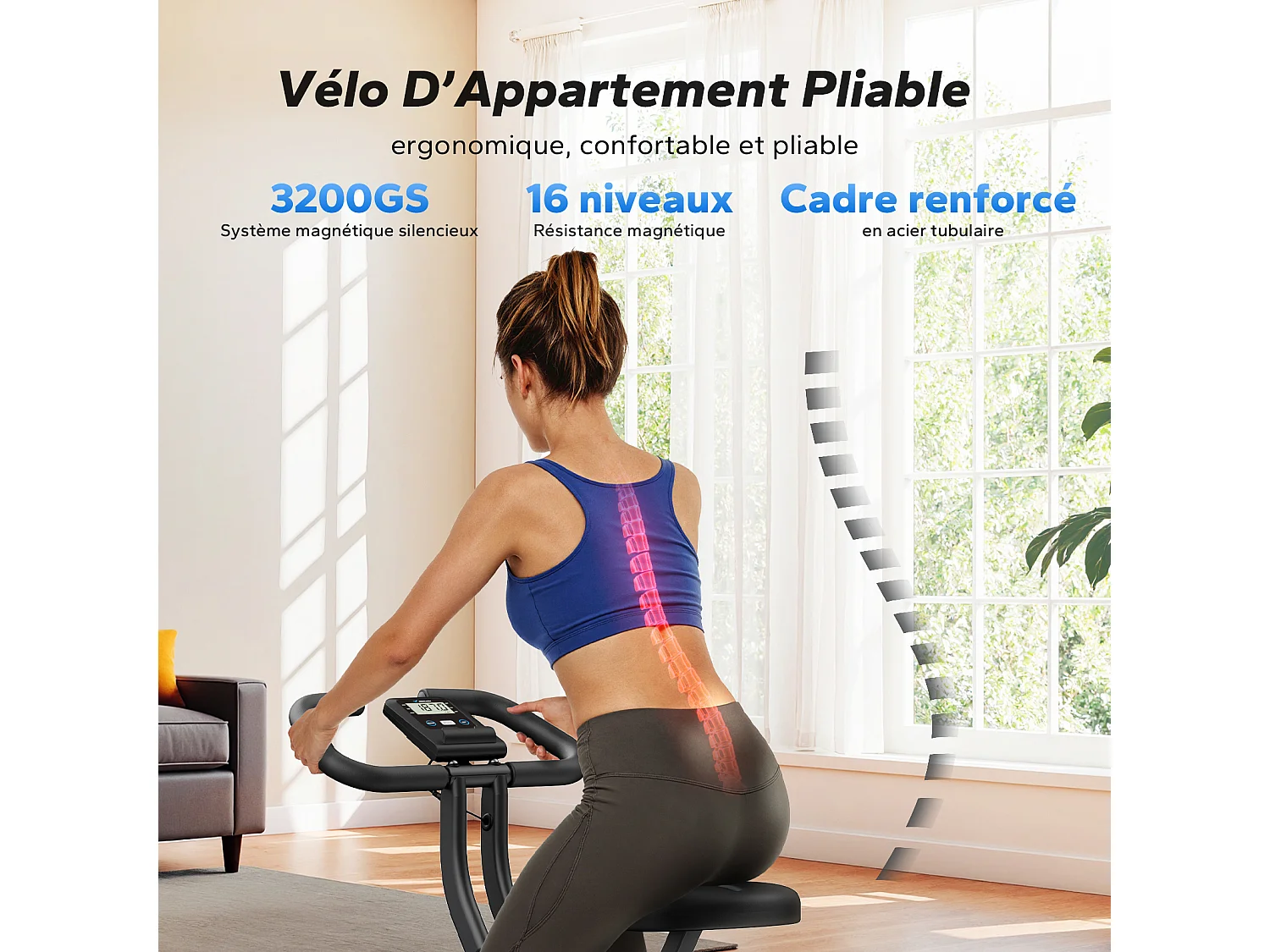 Cyclette magnetica pieghevole MERACH, 16 livelli, schermo LCD, supporto tablet, design compatto, altezza regolabile