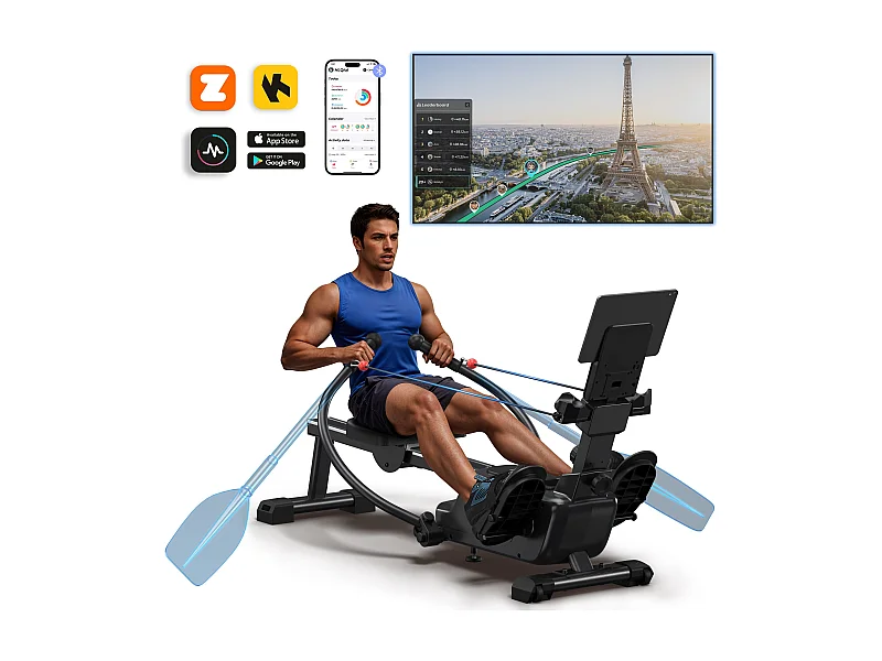 Rameur pliable à double rame magnétique MERACH, 16 niveaux de résistances, Bluetooth, Kinomap, silencieux et gain de place