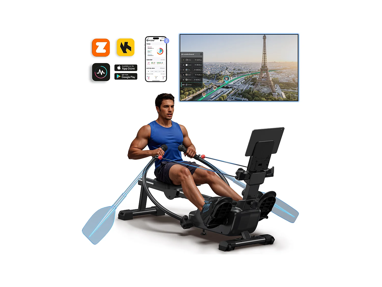 Rameur pliable à double rame magnétique MERACH, 16 niveaux de résistances, Bluetooth, Kinomap, silencieux et gain de place