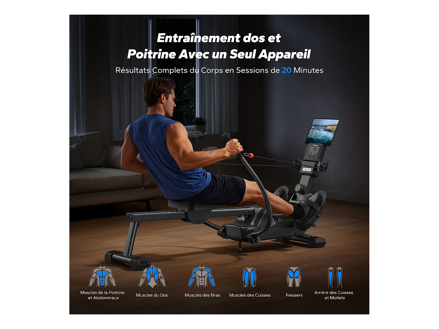 Rameur pliable à double rame magnétique MERACH, 16 niveaux de résistances, Bluetooth, Kinomap, silencieux et gain de place