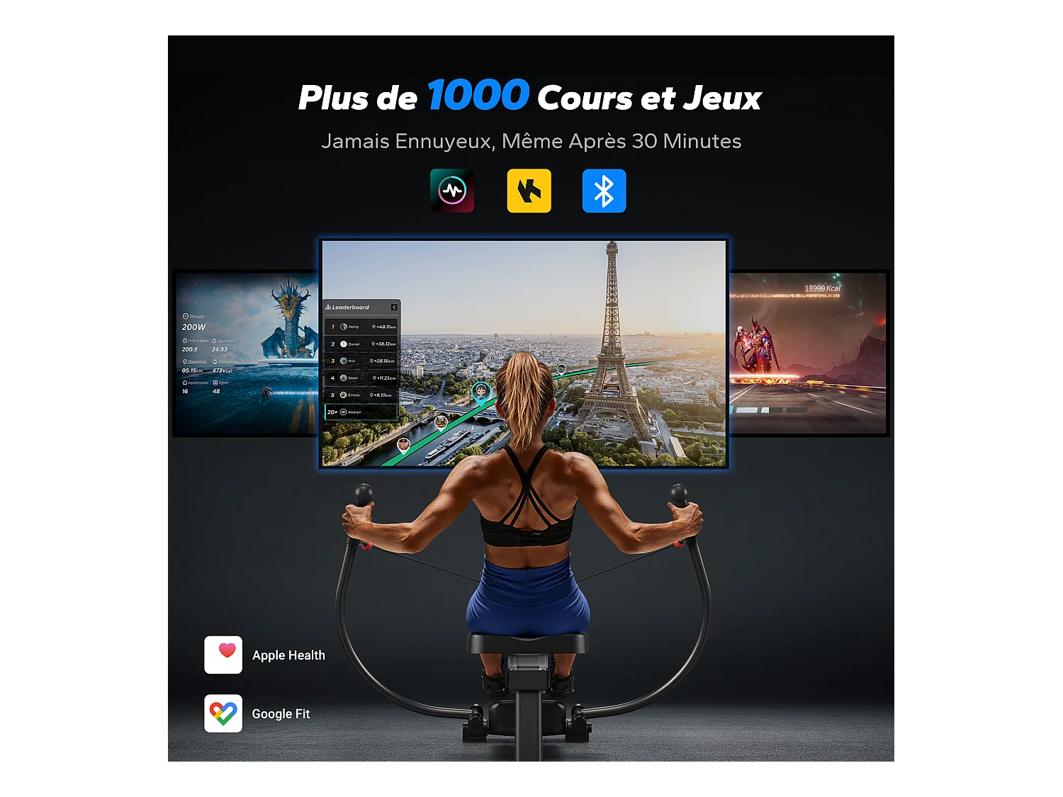 Rameur pliable à double rame magnétique MERACH, 16 niveaux de résistances, Bluetooth, Kinomap, silencieux et gain de place