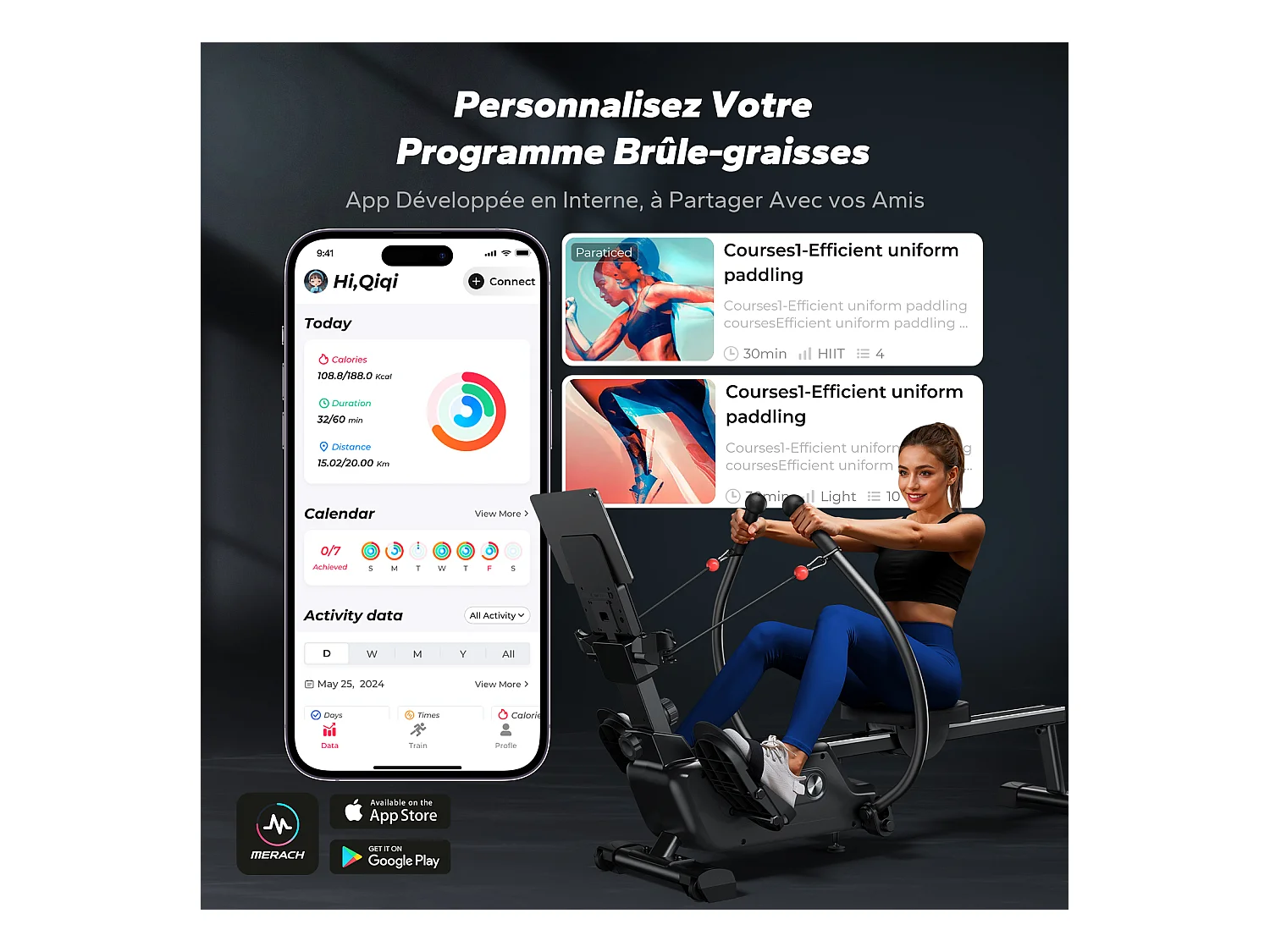 Rameur pliable à double rame magnétique MERACH, 16 niveaux de résistances, Bluetooth, Kinomap, silencieux et gain de place