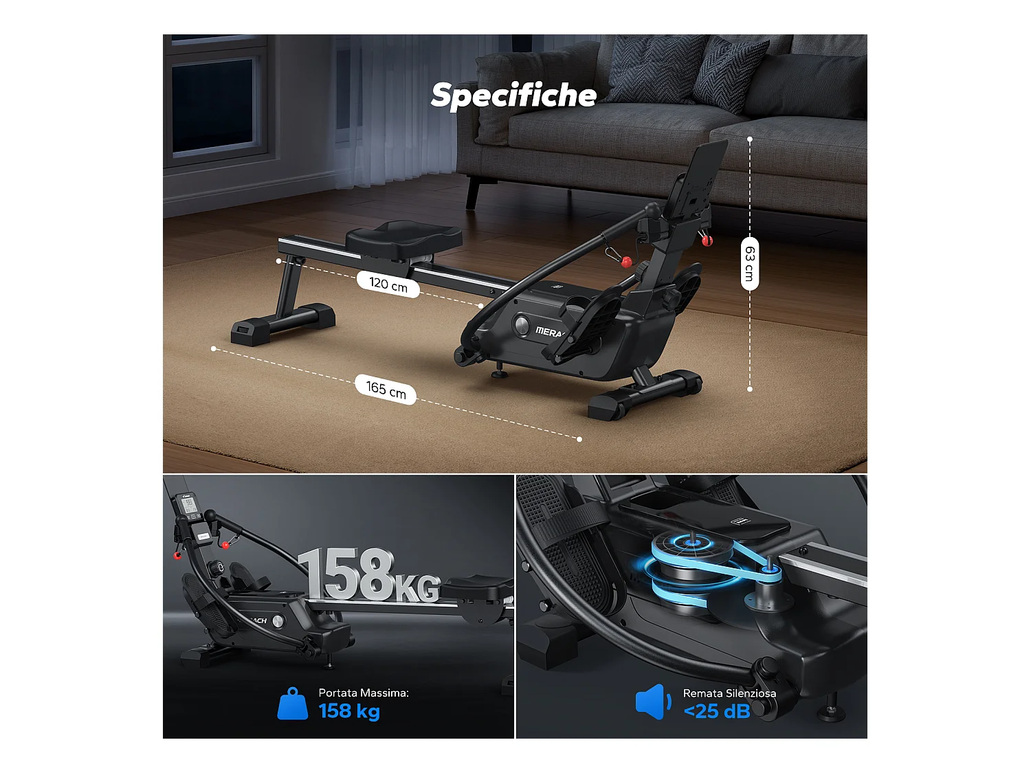 Rameur pliable à double rame magnétique MERACH, 16 niveaux de résistances, Bluetooth, Kinomap, silencieux et gain de place