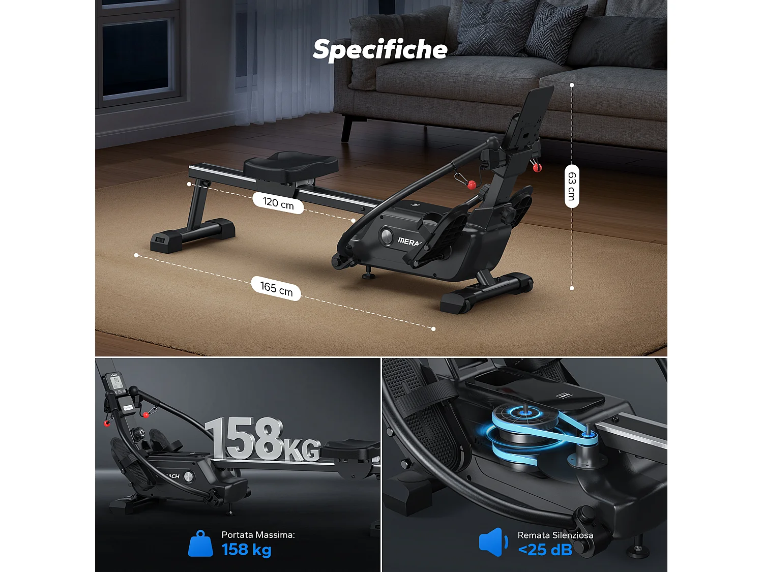 Vogatore pieghevole a doppia barra magnetica MERACH, 16 livelli di resistenza, Bluetooth, Kinomap, silenzioso e salva spazio