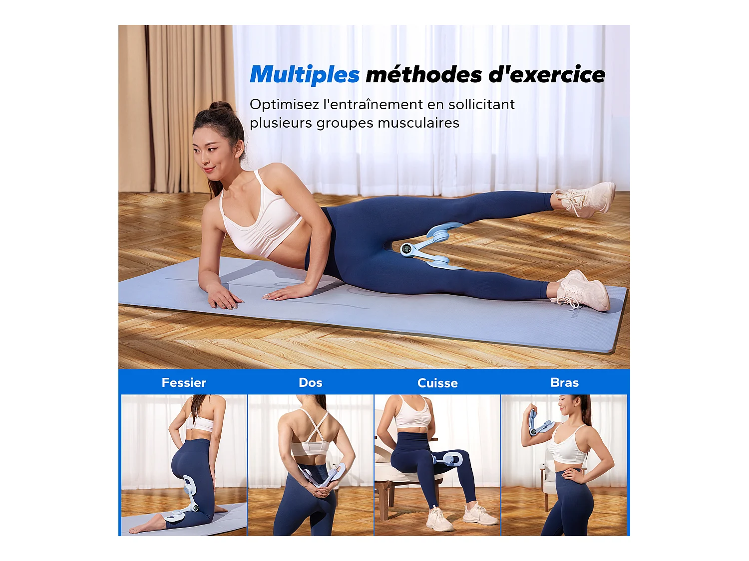 LEG TRAINER MERACH, Appareil cuisses adducteurs pectoraux 360° avec compteur, renforcement pelvien, post-accouchement, portable Bleu