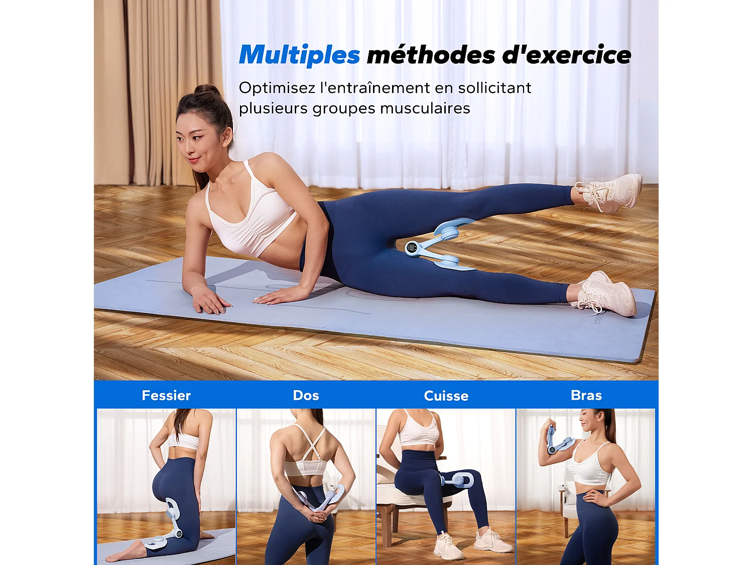 Leg Trainer MERACH, attrezzo cosce adduttori pettorali 360° con contatore, rinforzo pelvico, post-parto, portatile blu