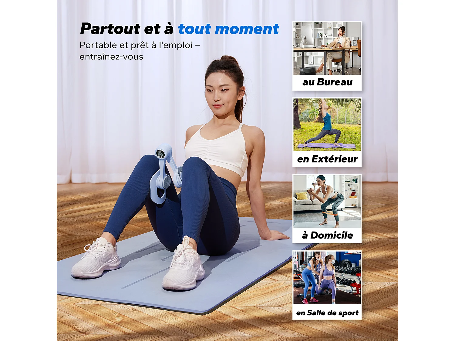 Leg Trainer MERACH, attrezzo cosce adduttori pettorali 360° con contatore, rinforzo pelvico, post-parto, portatile blu