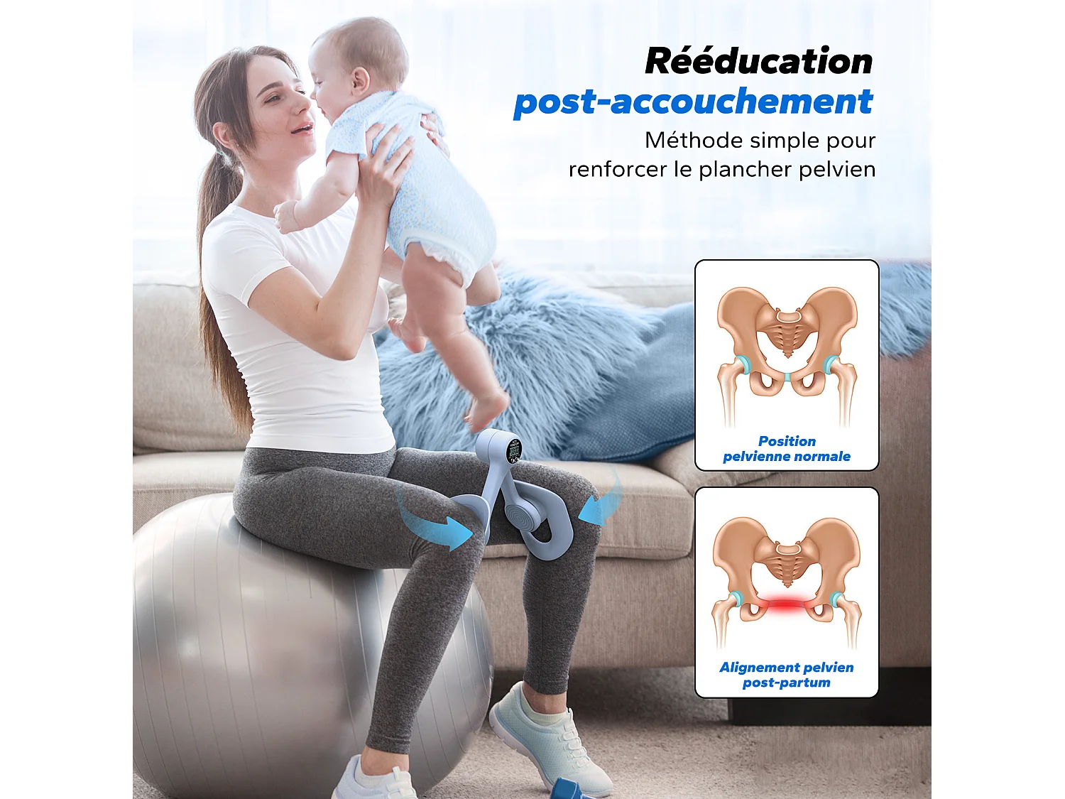 LEG TRAINER MERACH, Appareil cuisses adducteurs pectoraux 360° avec compteur, renforcement pelvien, post-accouchement, portable Bleu