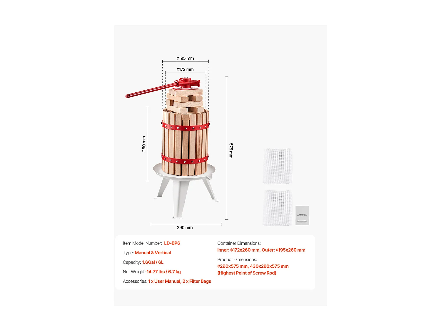 Handmatige Fruitpers SucceBuy, voor de Productie van Wijn, 6 L Houten Mand, met Twee Filterzakken van Voedingskwaliteit