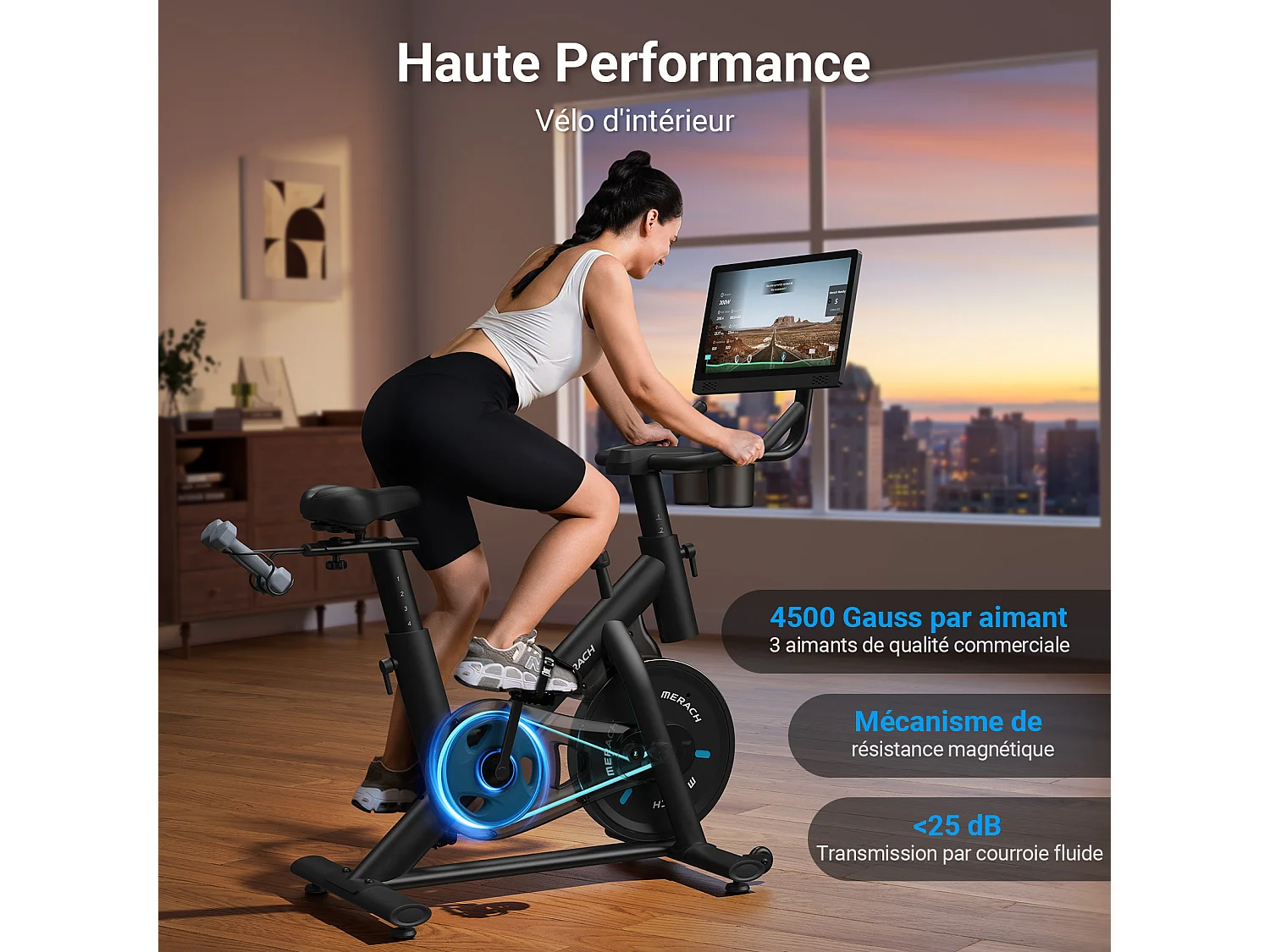Vélo d'appartement MERACH, écran couleur 15,6'' orientable, résistance magnétique, Bluetooth, siège réglable, charge 136 kg
