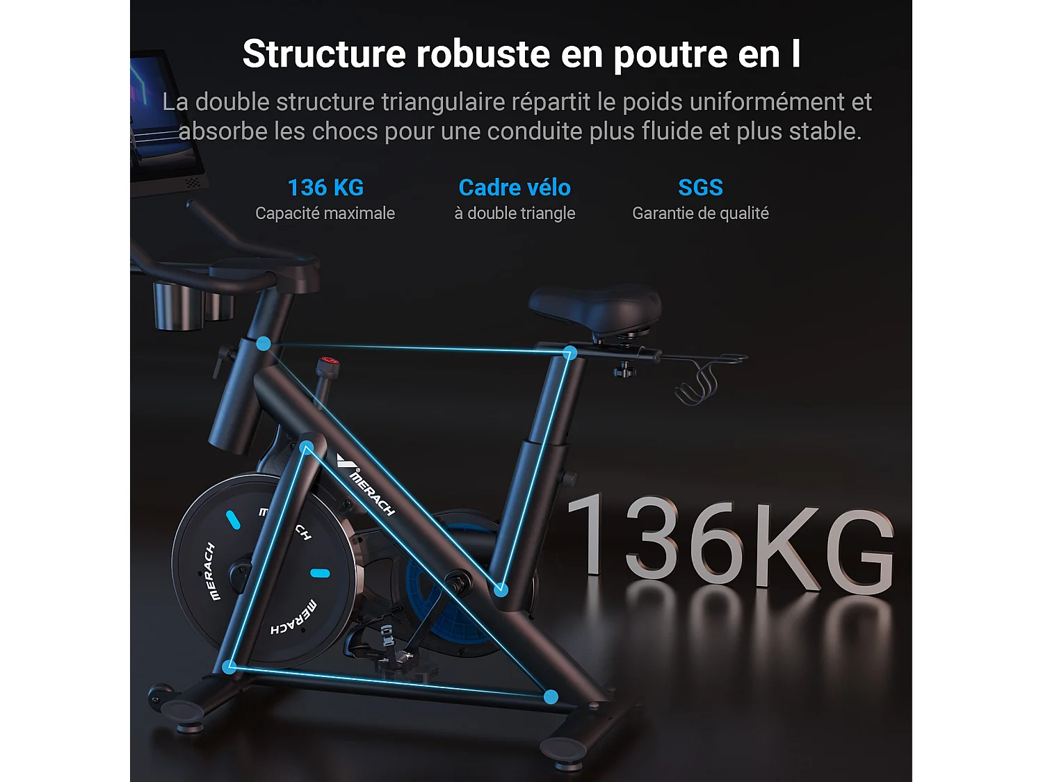 Vélo d'appartement MERACH, écran couleur 15,6'' orientable, résistance magnétique, Bluetooth, siège réglable, charge 136 kg
