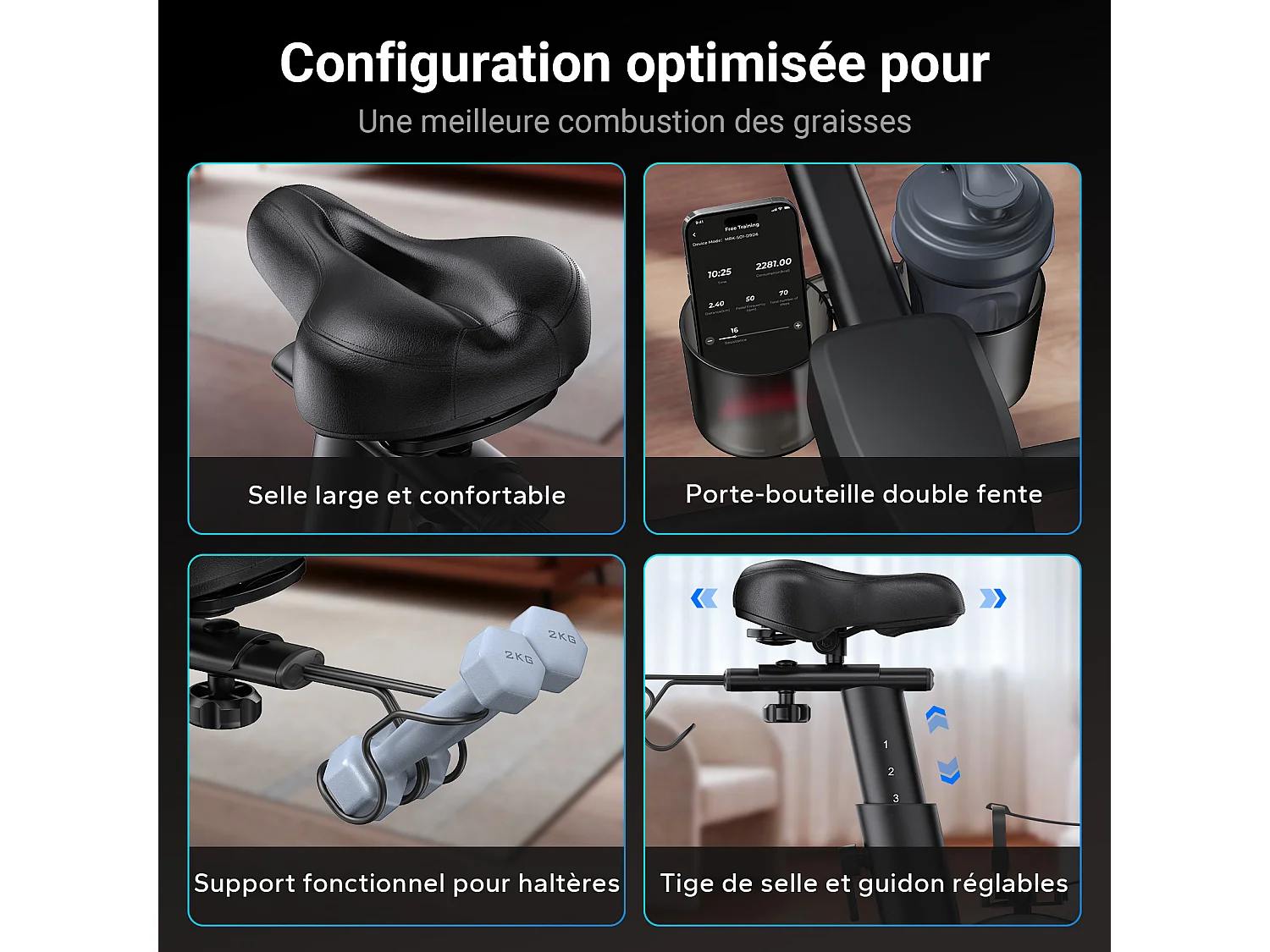 Vélo d'appartement MERACH, écran couleur 15,6'' orientable, résistance magnétique, Bluetooth, siège réglable, charge 136 kg