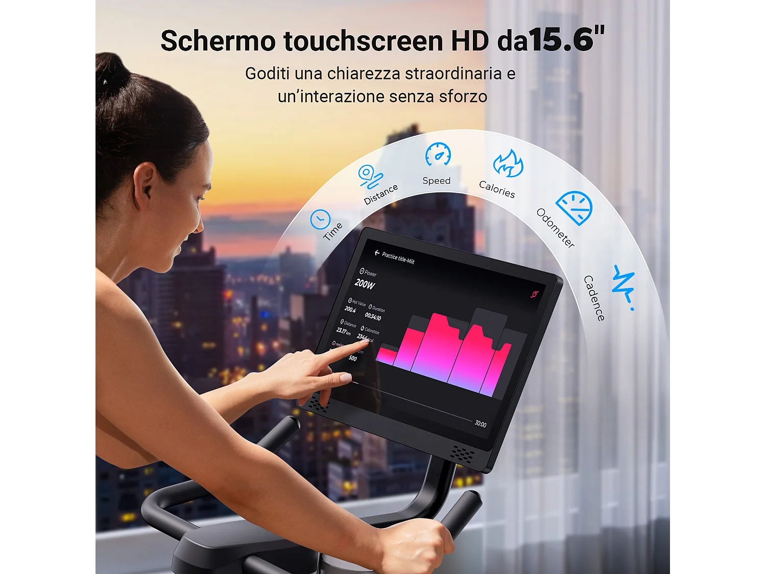 Vélo d'appartement MERACH, écran couleur 15,6'' orientable, résistance magnétique, Bluetooth, siège réglable, charge 136 kg