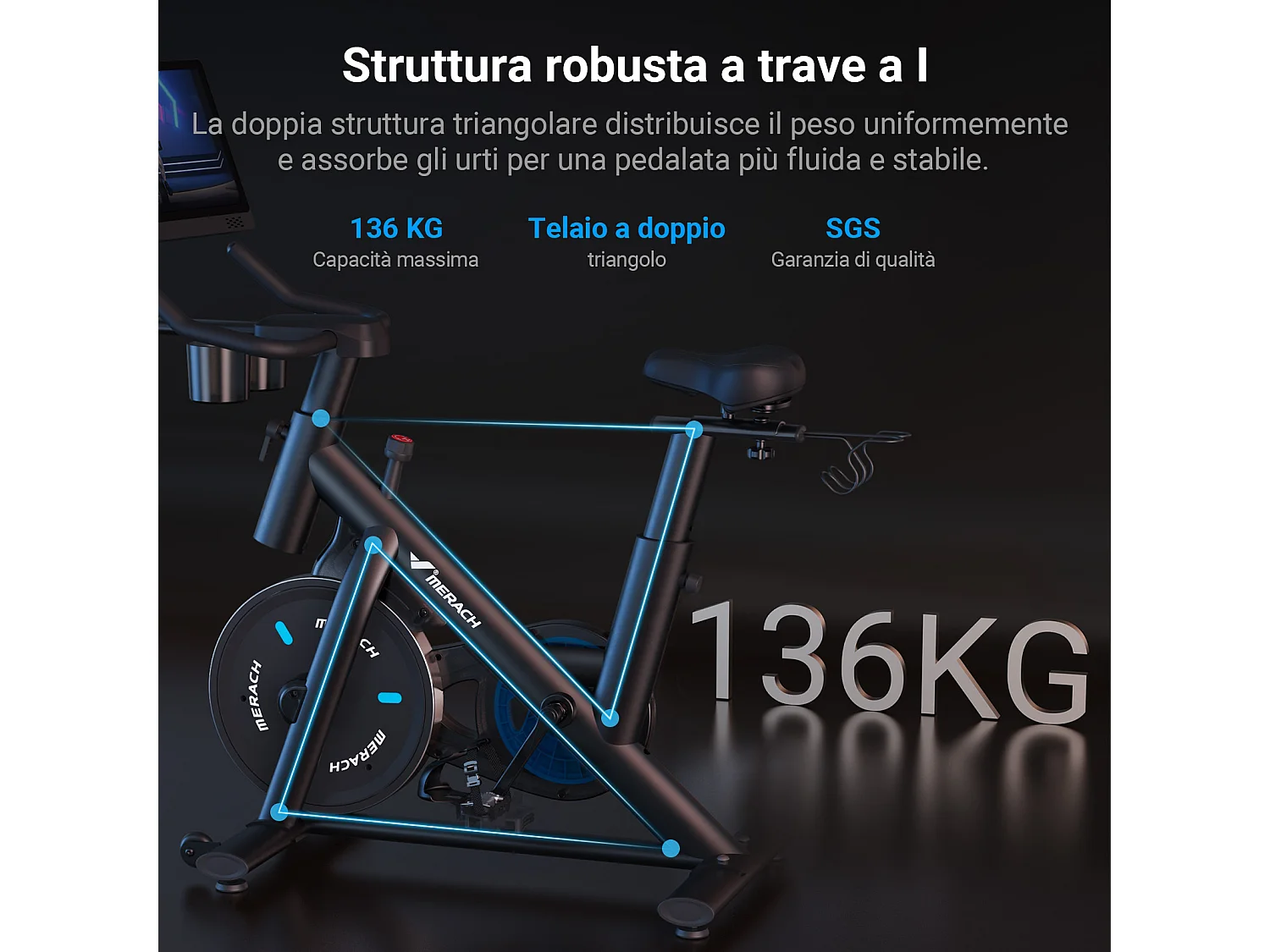Vélo d'appartement MERACH, écran couleur 15,6'' orientable, résistance magnétique, Bluetooth, siège réglable, charge 136 kg
