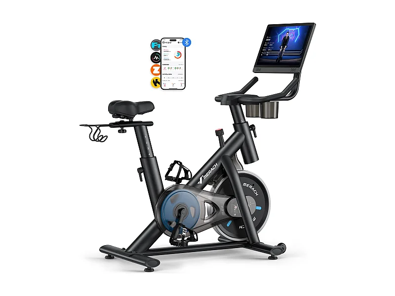 Vélo d'appartement MERACH, écran couleur 15,6'' orientable, résistance magnétique, Bluetooth, siège réglable, charge 136 kg