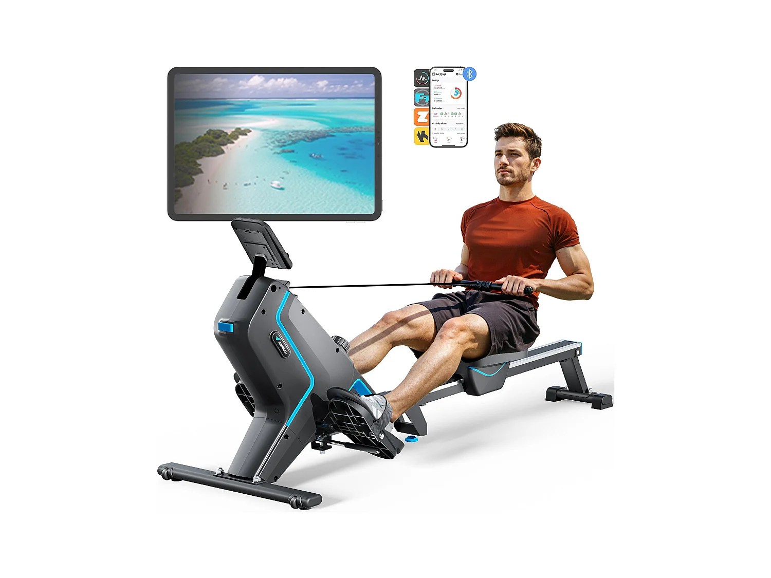 MERACH klappbares Rudergerät – leise Magnetbremse, 16 Stufen, LCD-Display & Tablet-Halter, Kinomap-App, gepolsterter Sitz, Ganzkörper-Workout