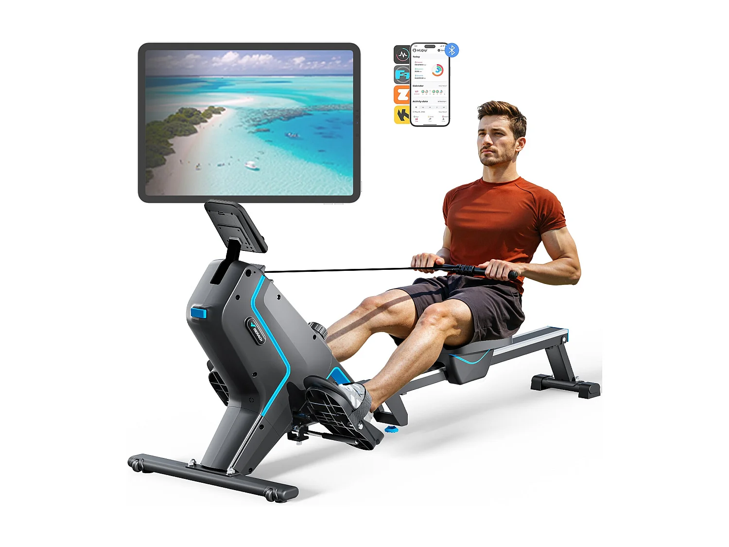 Rameur magnétique MERACH, 16 niveaux de résistance manuelle, Écran LCD, Support iPad, Charge max 150 kg, Compatible avec Kinomap