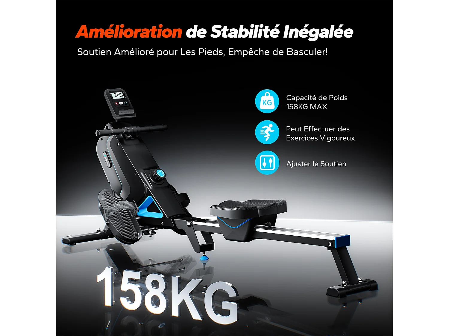 Rameur magnétique MERACH, 16 niveaux de résistance manuelle, Écran LCD, Support iPad, Charge max 150 kg, Compatible avec Kinomap