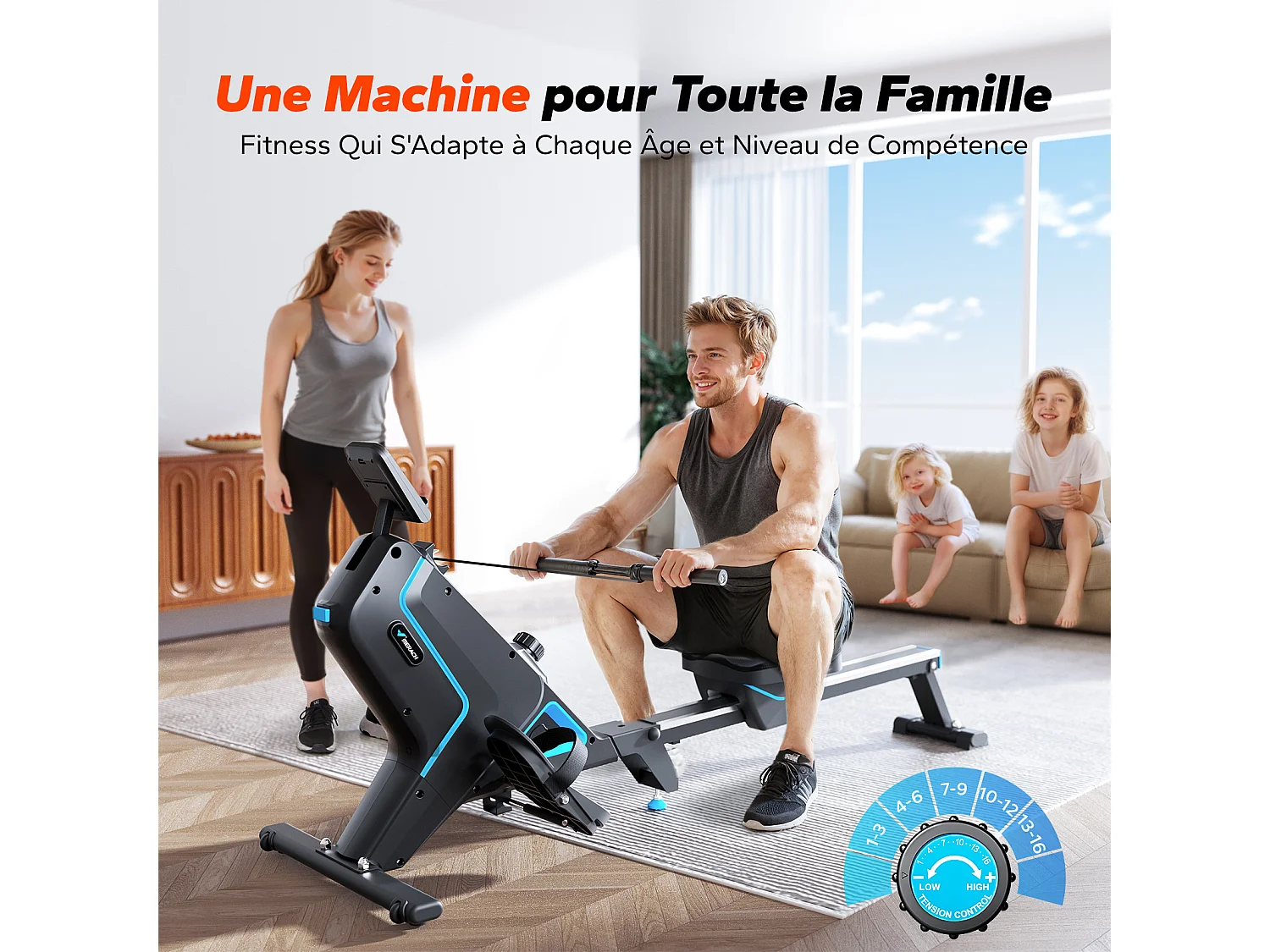 Rameur magnétique MERACH, 16 niveaux de résistance manuelle, Écran LCD, Support iPad, Charge max 150 kg, Compatible avec Kinomap