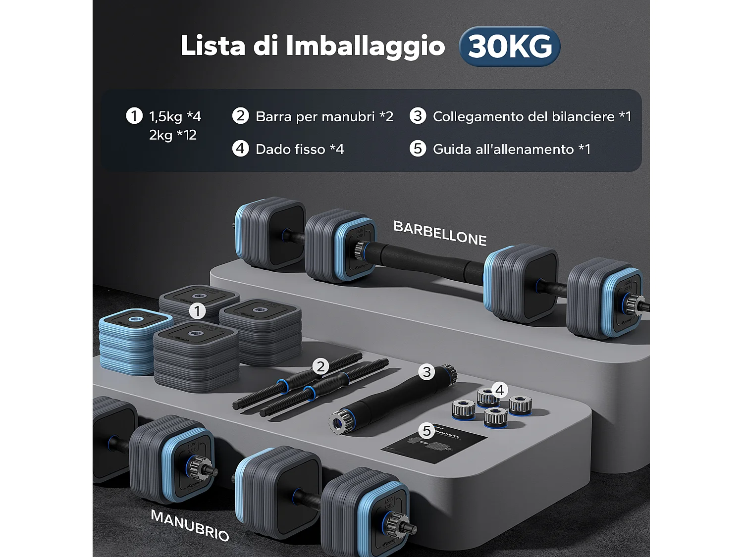 Set Haltères 30 kg MERACH, Multi-usage avec barre, poignées ergonomiques, plaques stables, revêtement silencieux en caoutchouc