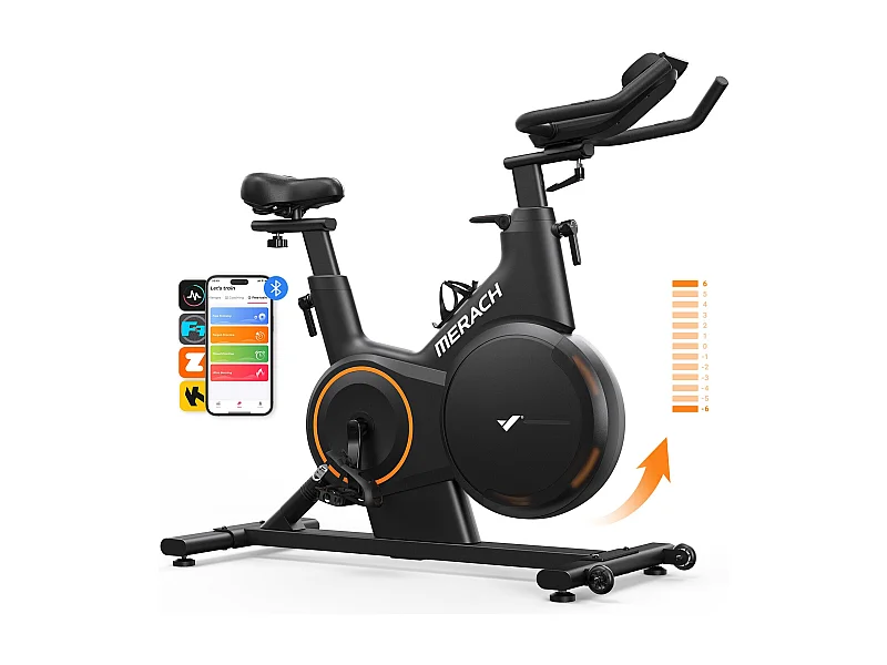Vélo d'appartement MERACH, résistance magnétique 16 niveaux, lnclinaison de 6% vers le haut et le bas, écran LED, Bluetooth, APP compatible, 160kg