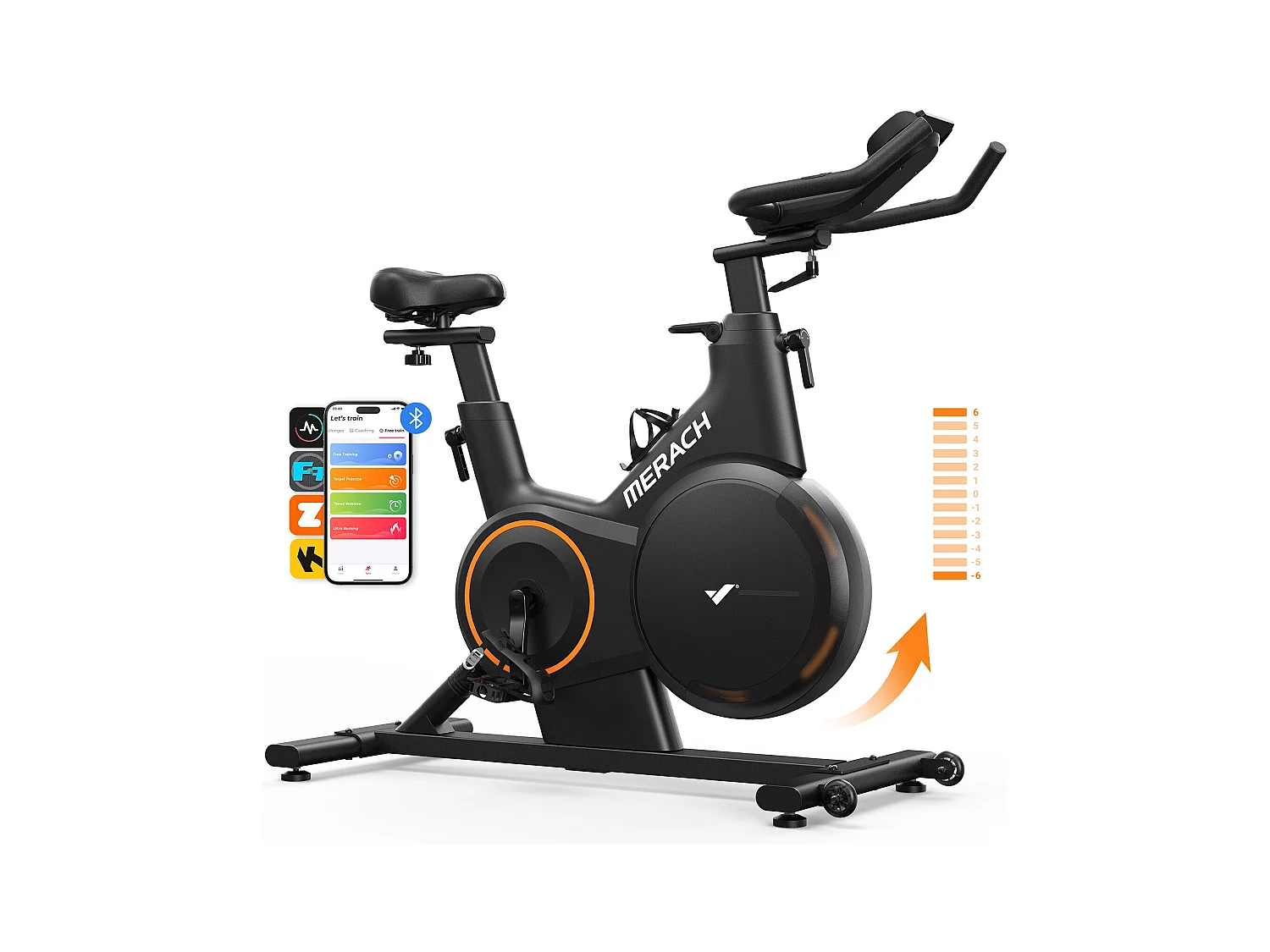 Vélo d'appartement MERACH, résistance magnétique 16 niveaux, lnclinaison de 6% vers le haut et le bas, écran LED, Bluetooth, APP compatible, 160kg