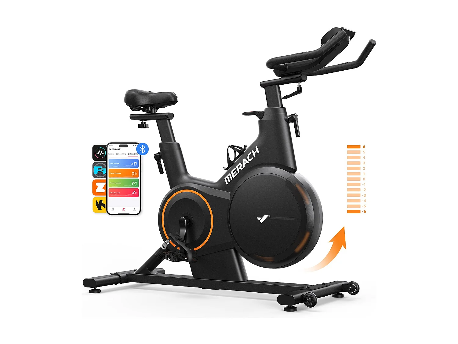 Cyclette MERACH, resistenza magnetica 16 livelli, inclinazione 6% su/giù, schermo LED, Bluetooth, app compatibile, 160 kg