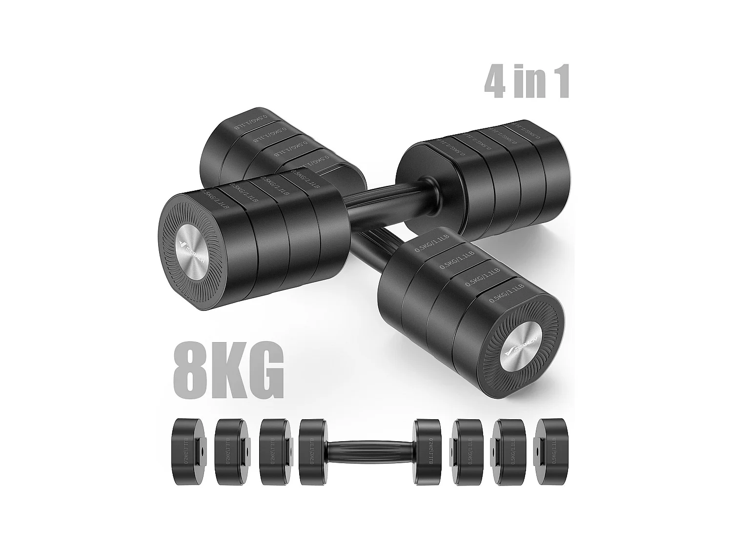 Haltère Musculation Réglable 4-en-1 - MERACH, Lot de 2 Poids de 1 à 4KG, à Domicile ou en Salle De Sport, pour Hommes et Femmes, Noir