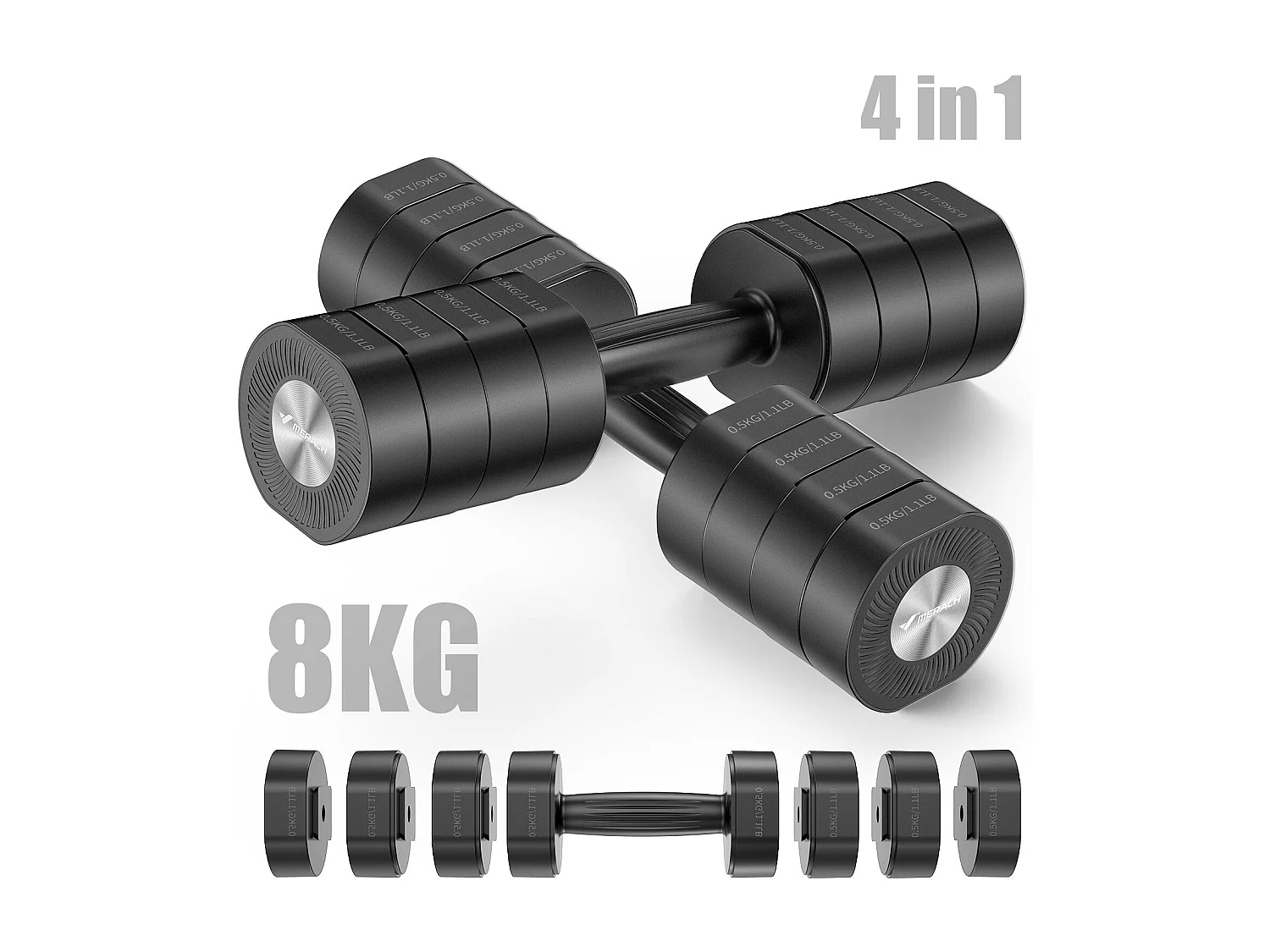 MERACH Dumbbells - 4 in 1 - Verstelbaar - Verstelbare Gewichten - 8KG Set - Robuust & Antislip - Compact Voor Thuis