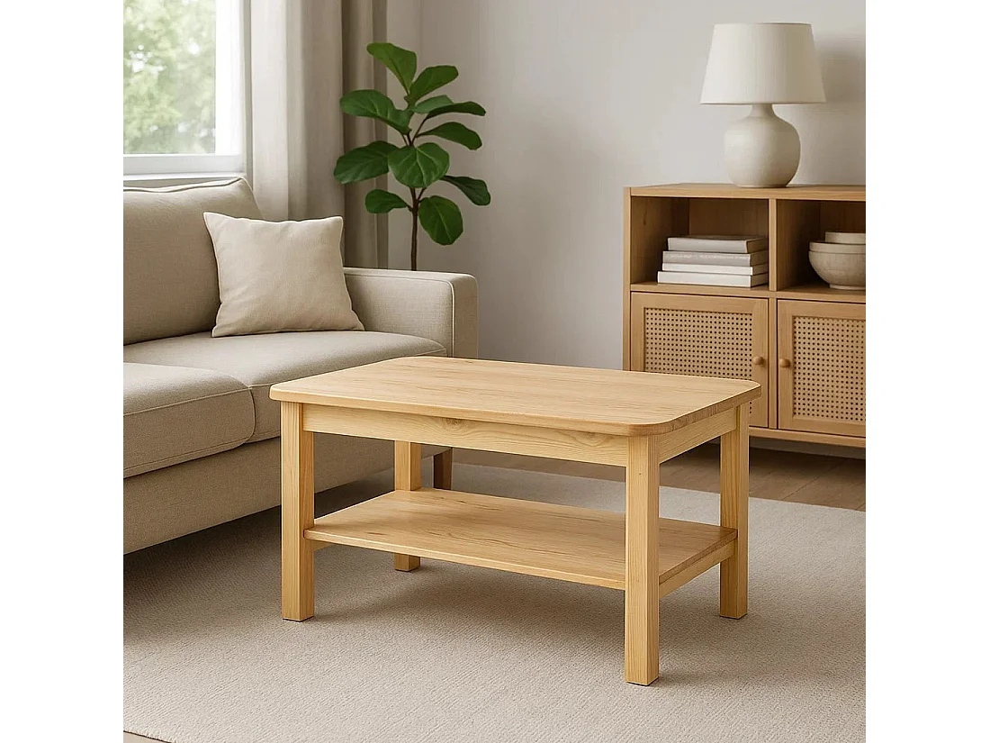 Ława 110x60 pokojowa z półką z drewna litego, kolor sosnowy