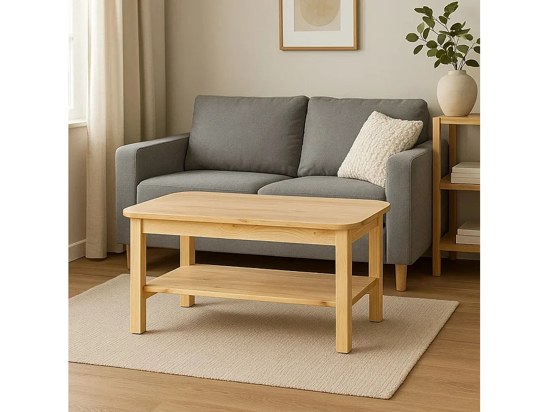 Ława 110x60 pokojowa z półką z drewna litego, kolor sosnowy