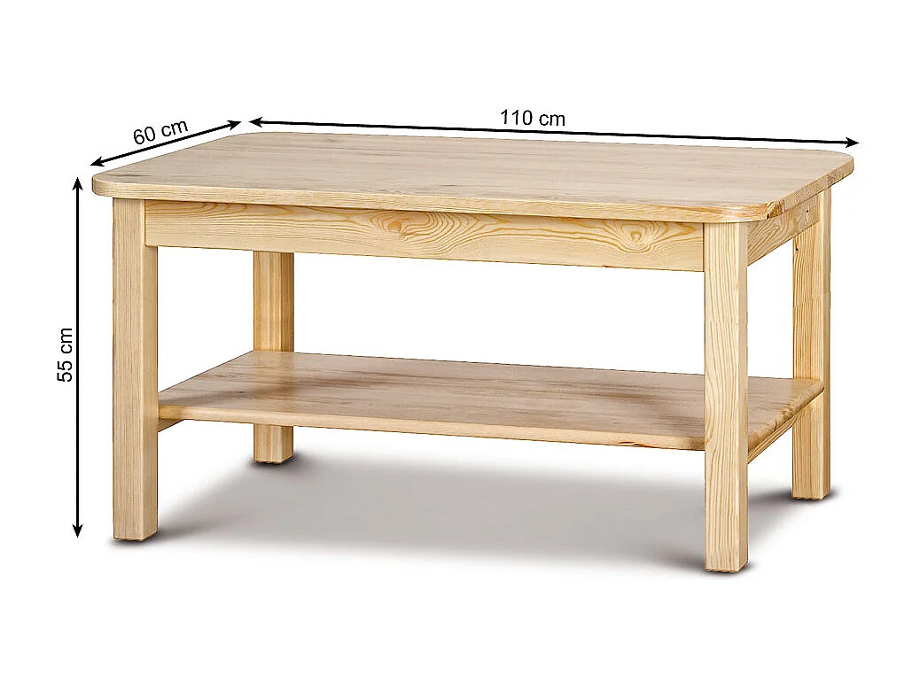 Ława 110x60 pokojowa z półką z drewna litego, kolor sosnowy