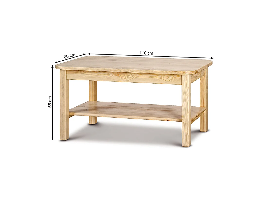 Ława 110x60 pokojowa z półką z drewna litego, kolor sosnowy