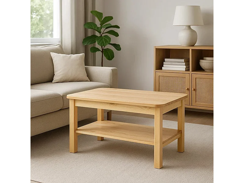 Ława 110x60 pokojowa z półką z drewna litego, kolor sosnowy