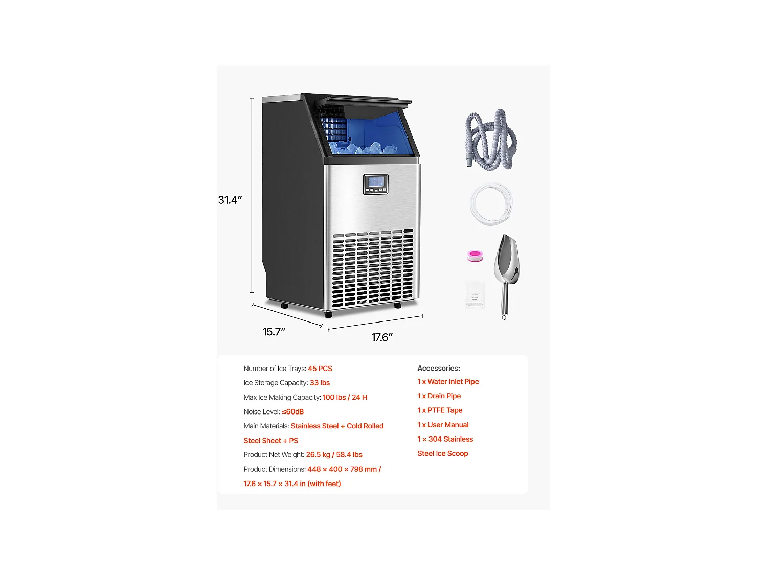 Machine à Glaçons SucceBuy, Capacité 45,4 kg/24 h 45 Glaçons, pour Bar Restaurant