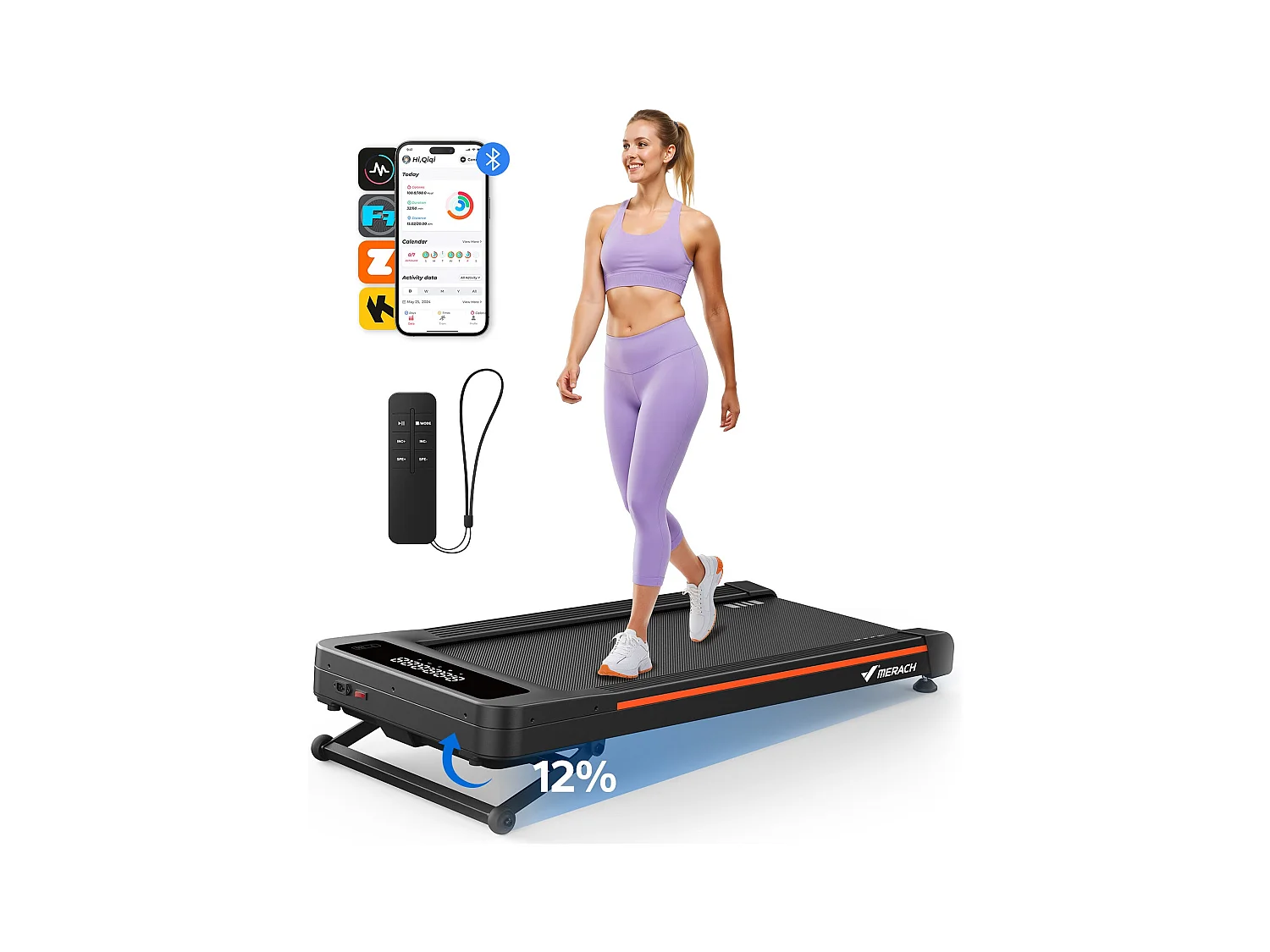 Tapis de Marche Électrique MERACH, 12% Élévation, 1.25CV, Écran LCD, APP Connecté, Télécommande, 180KG Max