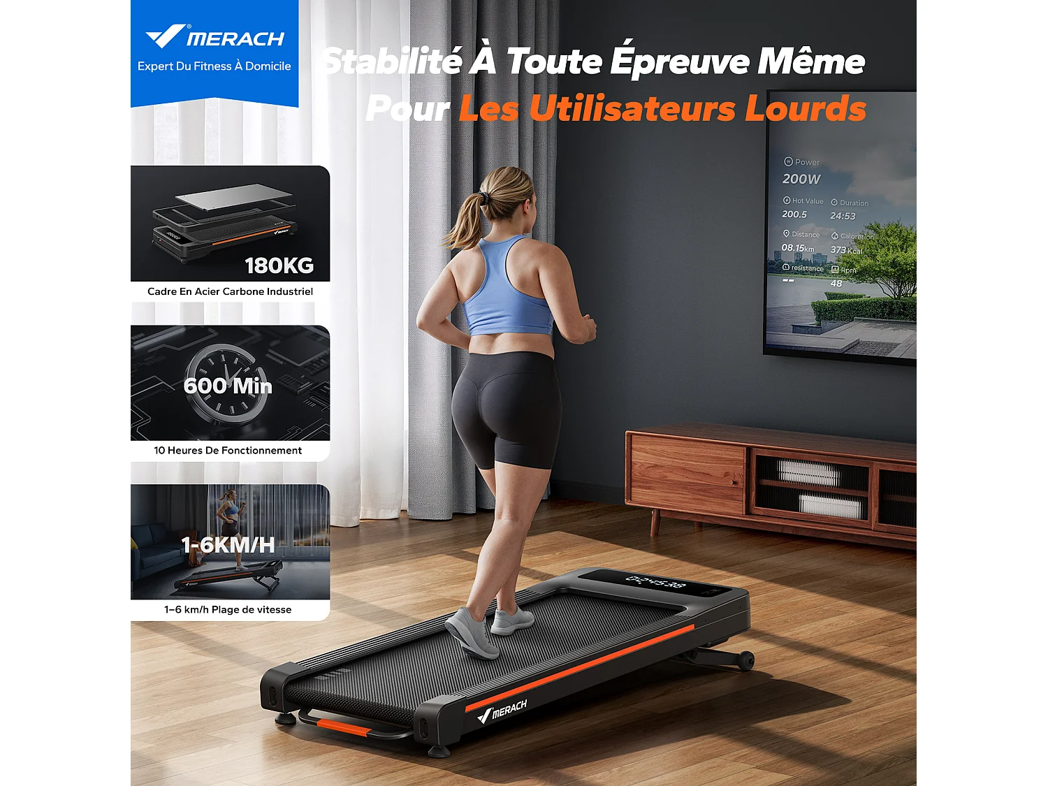 Tapis de Marche Électrique MERACH, 12% Élévation, 1.25CV, Écran LCD, APP Connecté, Télécommande, 180KG Max