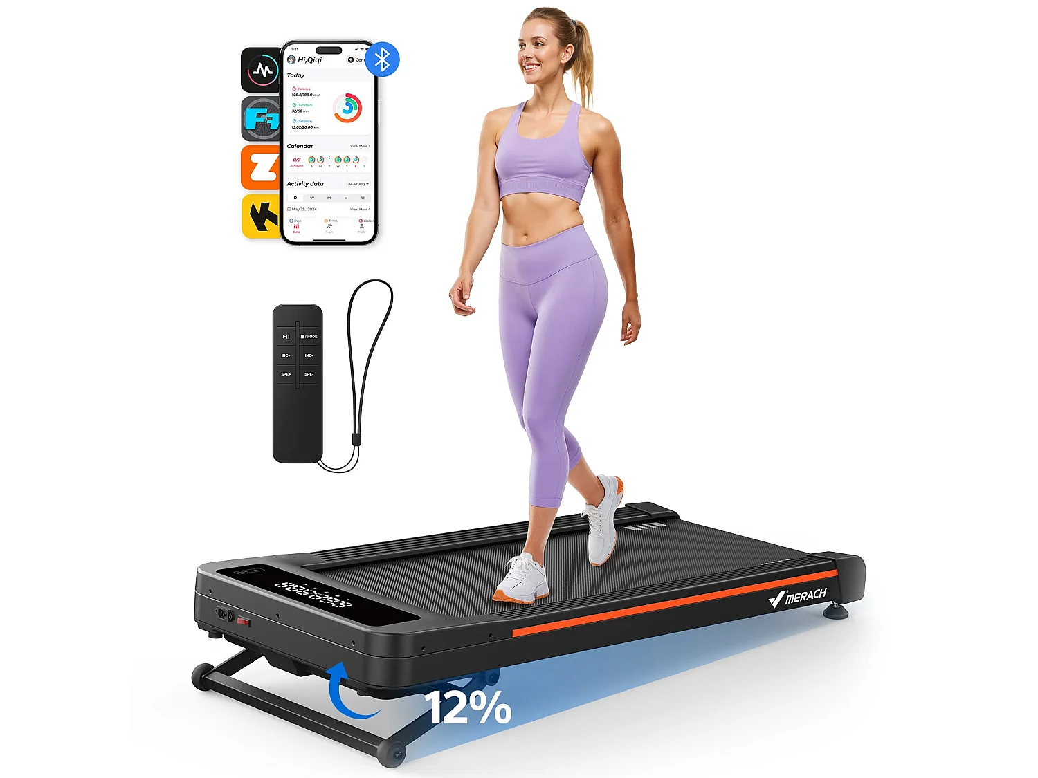 Cinta de correr eléctrica MERACH, LED, Bluetooth, aplicación, inclinación automática, banda ancha, silenciosa, 150 kg, para casa y oficina, negro