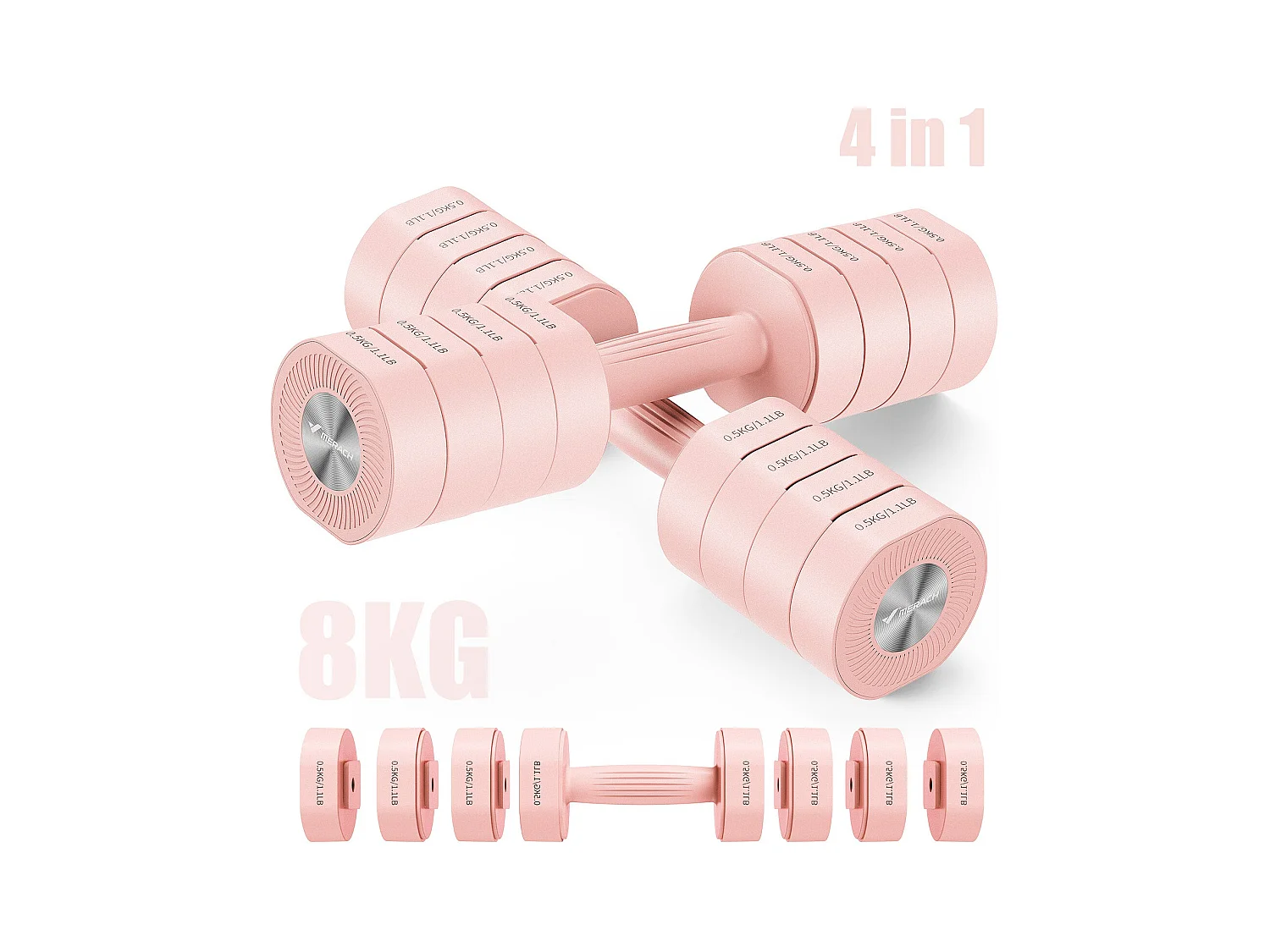 Haltère Musculation Réglable 4-en-1 - MERACH, Lot de 2 Poids de 1 à 4KG, à Domicile ou en Salle De Sport, pour Hommes et Femmes, Rose