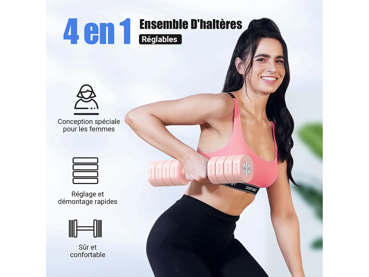 Haltère Musculation Réglable 4-en-1 - MERACH, Lot de 2 Poids de 1 à 4KG, à Domicile ou en Salle De Sport, pour Hommes et Femmes, Rose