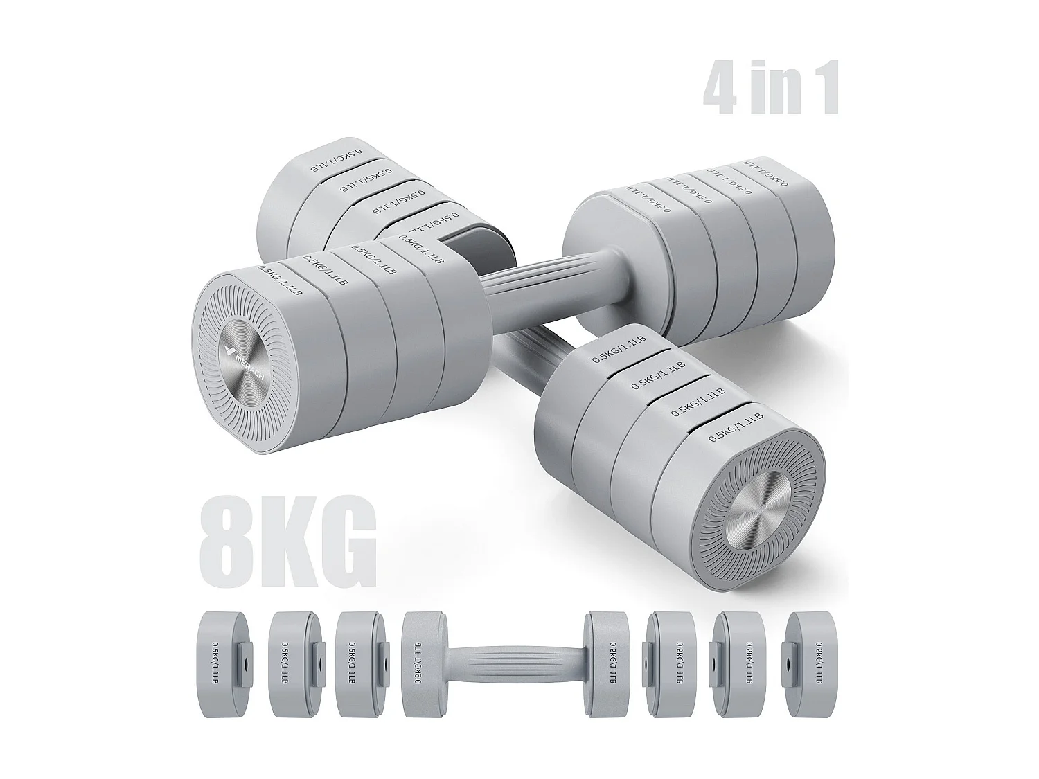 Haltère Musculation Réglable 4-en-1 - MERACH, Lot de 2 Poids de 1 à 4KG, à Domicile ou en Salle De Sport, pour Hommes et Femmes, Gris
