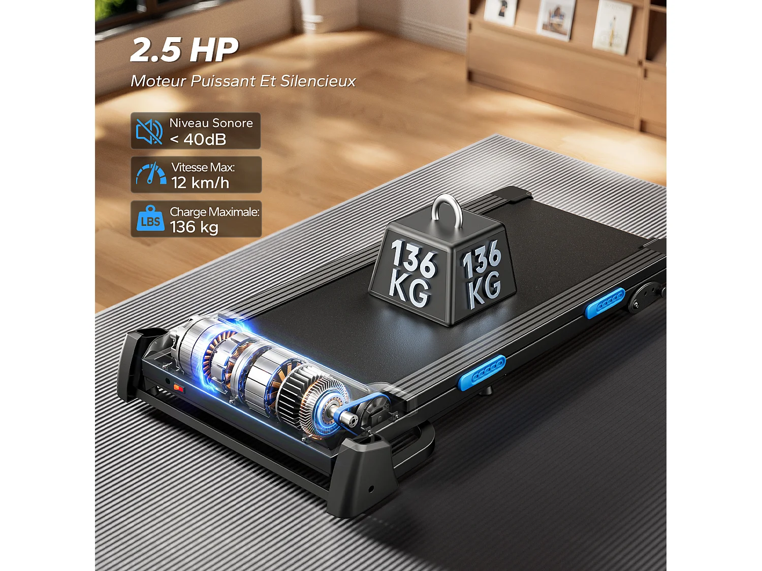 Tapis de Course Pliable MERACH, Inclinaison Électrique 15%, Vitesse 0.8-12km/h, Moteur 1.25CHP, Bluetooth APP Connecté