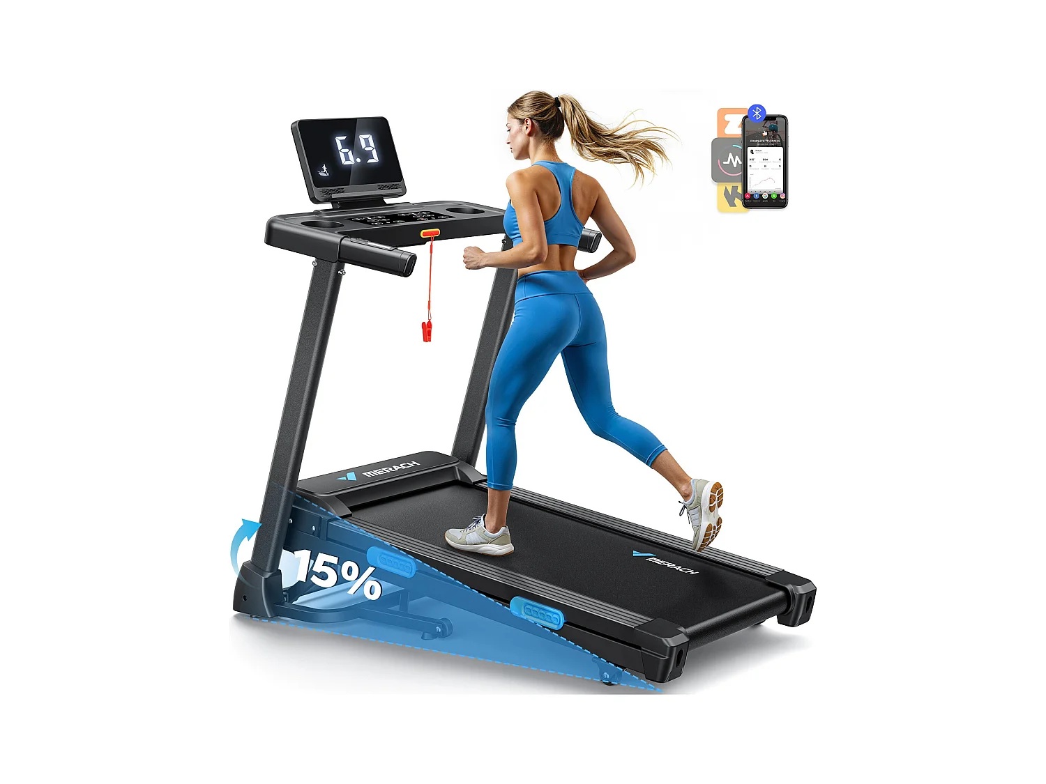 Tapis de Course Pliable MERACH, Inclinaison Électrique 15%, Vitesse 0.8-12km/h, Moteur 1.25CHP, Bluetooth APP Connecté