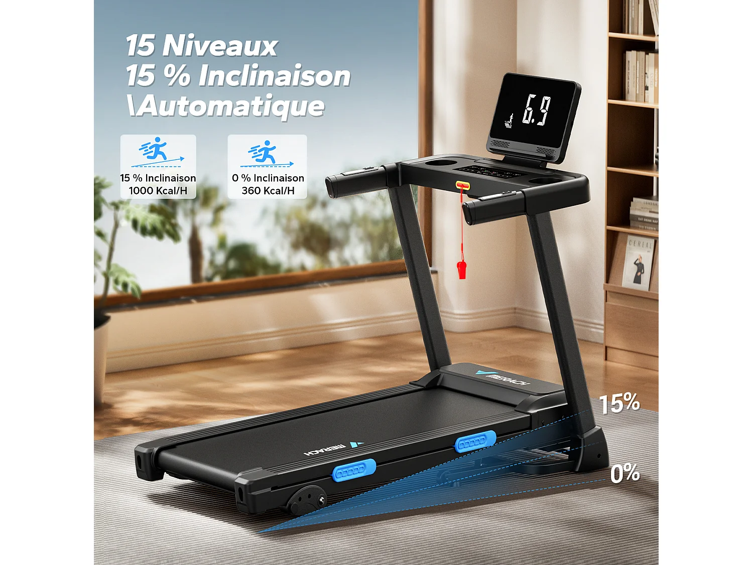 Tapis roulant pieghevole MERACH, inclinazione elettrica 15%, velocità 0,8-12 km/h, motore 1,25 CHP, Bluetooth APP connesso