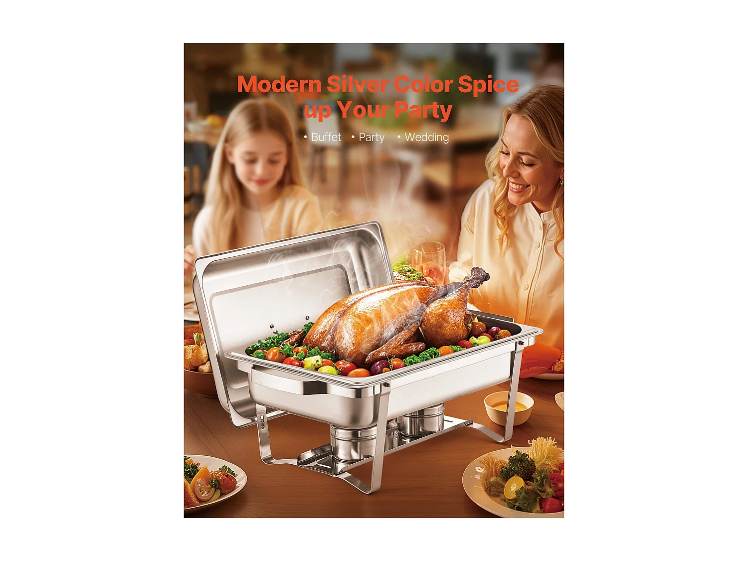 Chauffe-Plat SucceBuy, Rectangulaire Buffet Chauffant 6PCs 7,5 L en Inox Argenté, pour Services de Restauration